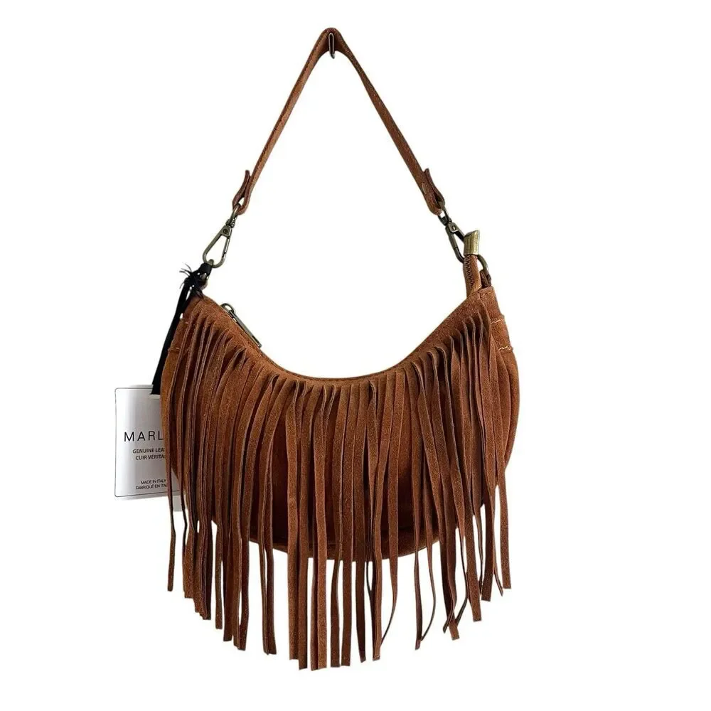 NWT Marlon Italy Suede Fringe Crescent Hobo Bag Brown Western Cowgirl Festival